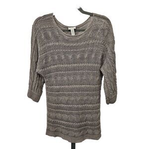 Chico's Linen Cable Knit Dolman Tunic Sweater Womens Size 1 M/8 Coastal Taupe
